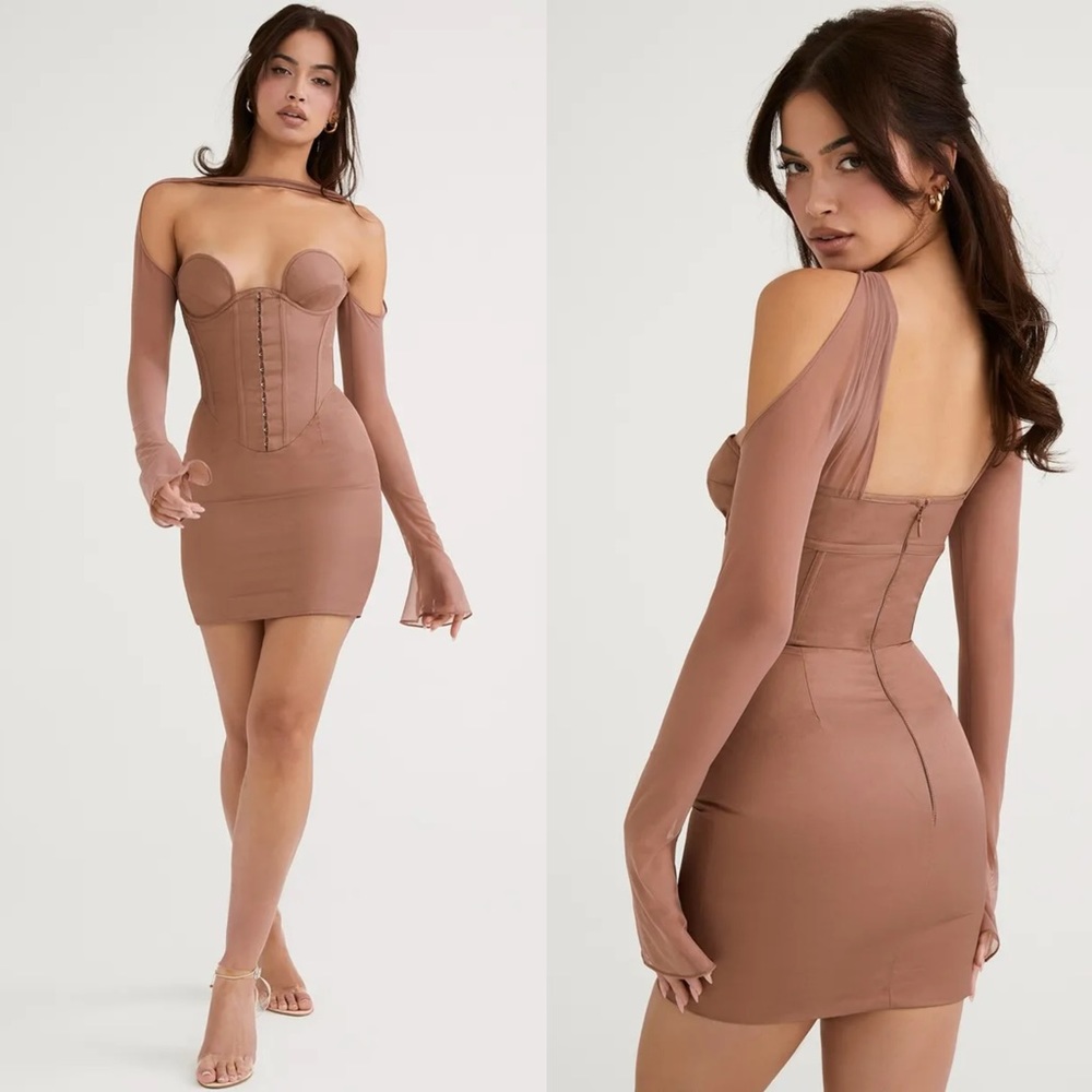 House of CB Mayara Mocha Mesh Structured Corset Mini Dress - Picture 5 of 16